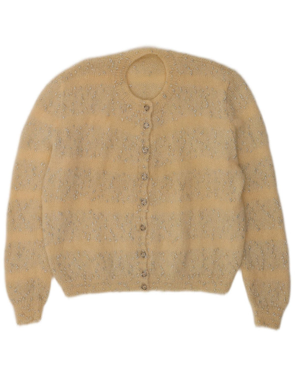 Suéter cardigã feminino vintage Reino Unido 16 grande listrado amarelo