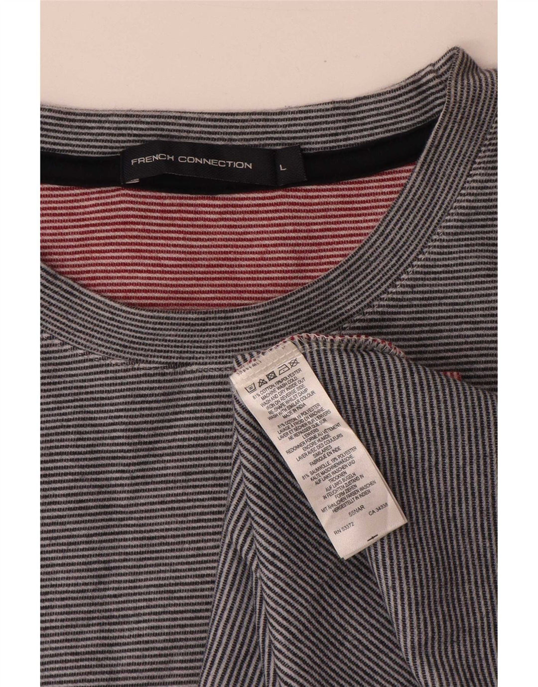 French Connection Mens Top Manga Longa Grande Algodão Listrado Cinza