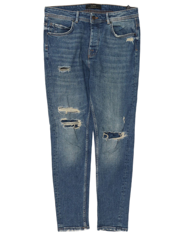 Zara Jeans masculino desgastado cônico EU 42 grande W32 L28 algodão azul