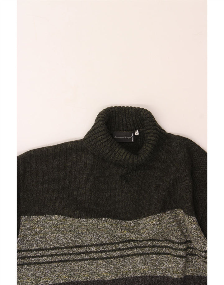 Suéter masculino VINTAGE com gola redonda e acrílico listrado cáqui grande