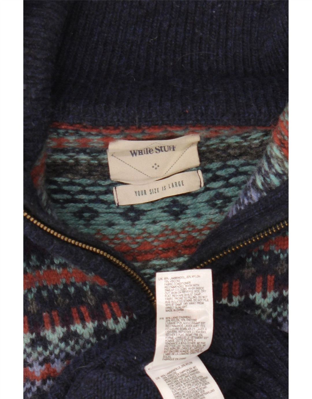 Suéter masculino branco com gola polo, grande, azul marinho, lã Fair Isle