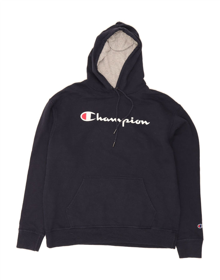 CHAMPION Mens Graphic Hoodie Jumper Large Navy Blue Cotton Vintage Champion and Second-Hand Champion from Messina Hembry 