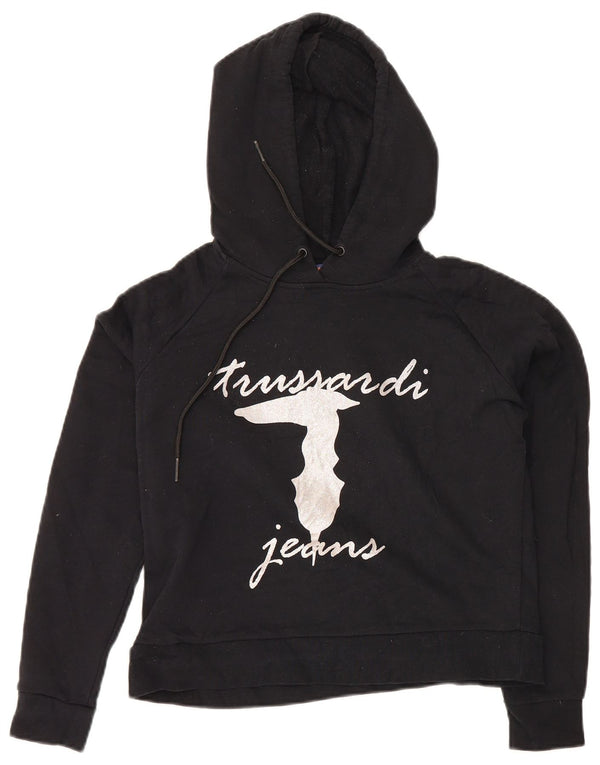 Trussardi Jeans feminino oversized crop gráfico moletom com capuz Reino Unido 6 XS preto