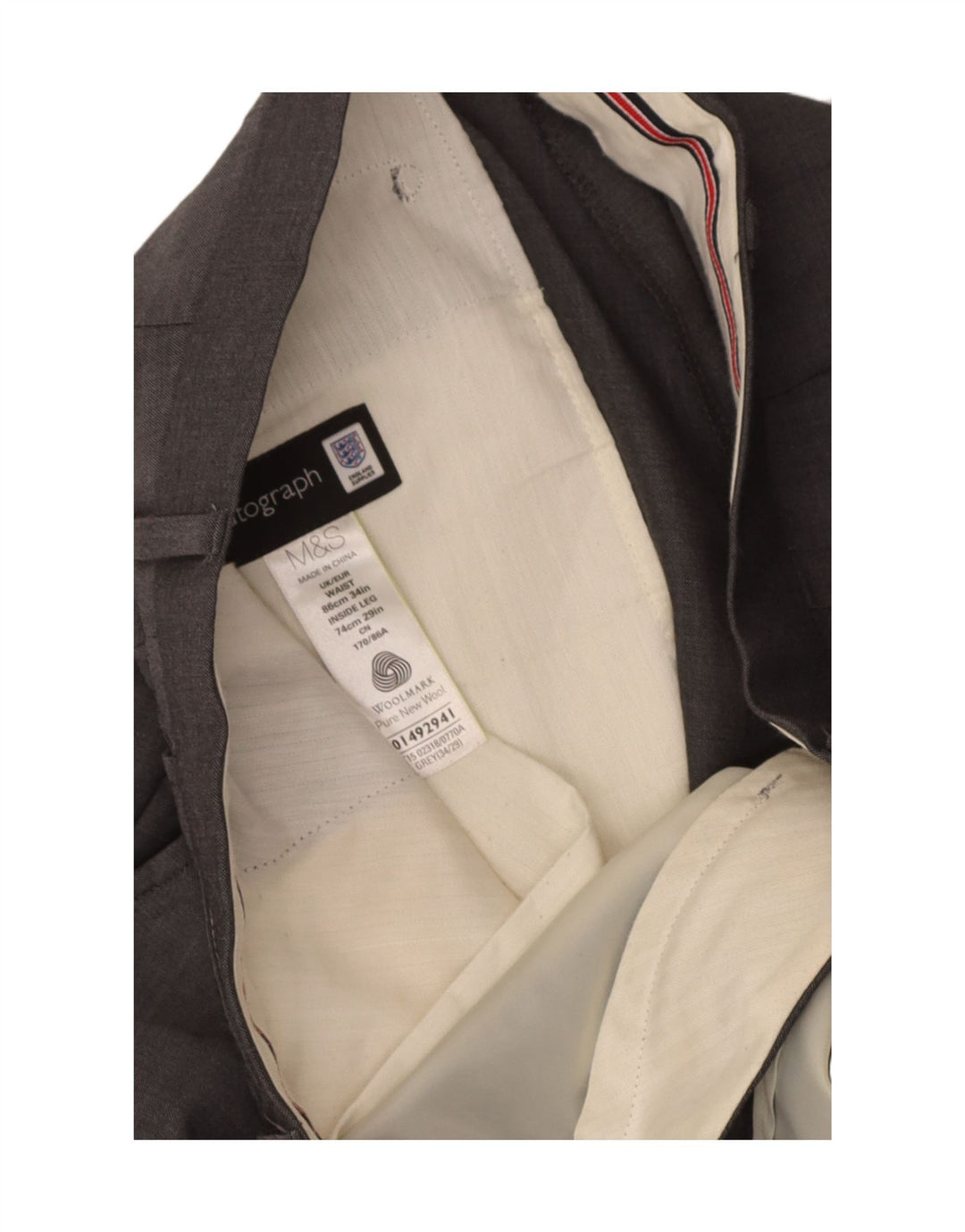 Calça masculina Marks & Spencer Autograph Straight Suit W34 L29 Lã Cinza