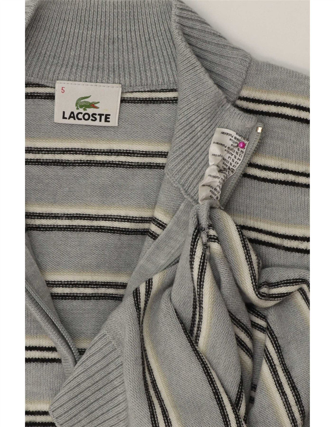 Suéter masculino Lacoste com zíper e pescoço tamanho 5 grande lã listrada azul