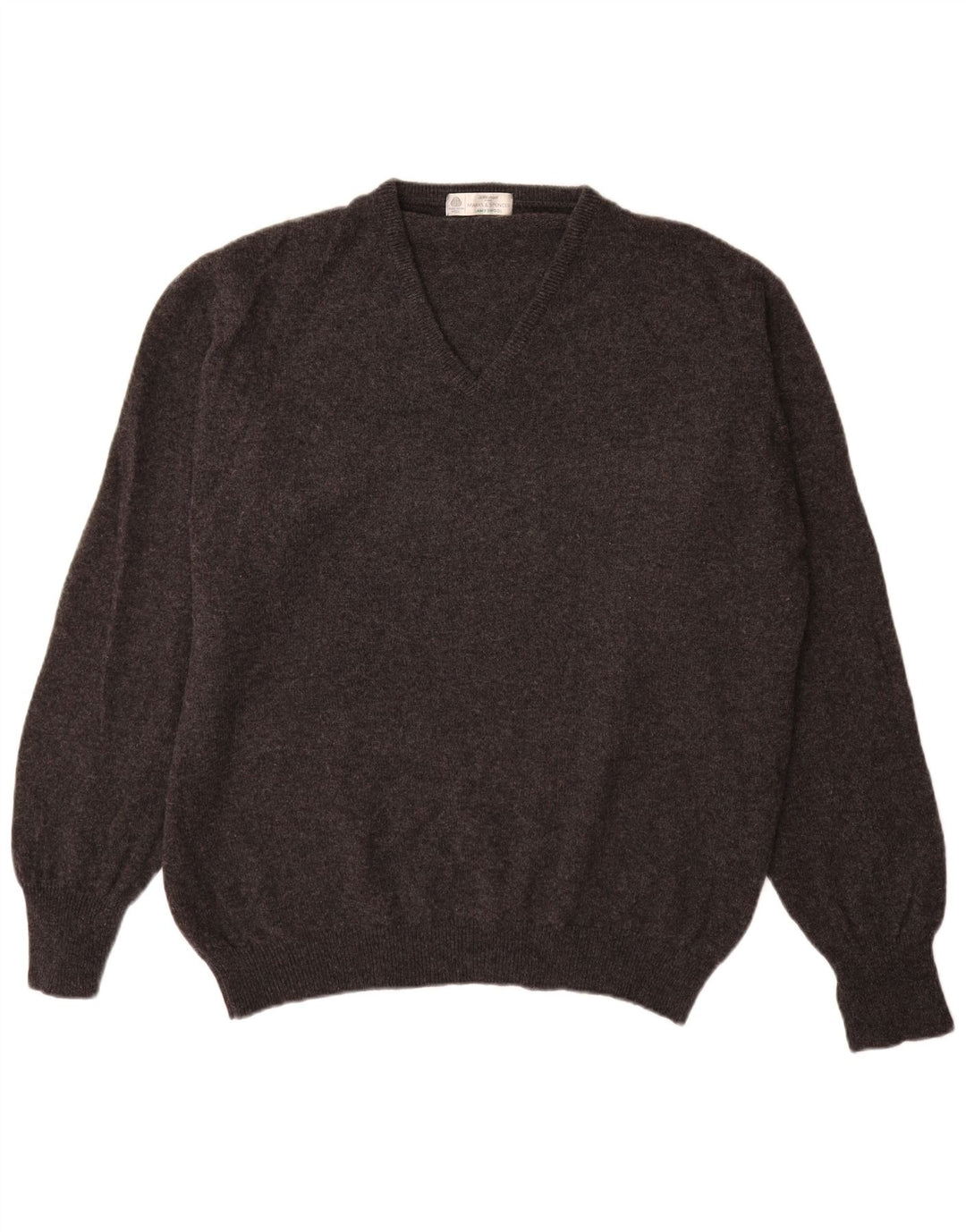 Suéter masculino Marks & Spencer com decote em V grande lã de cordeiro manchada cinza