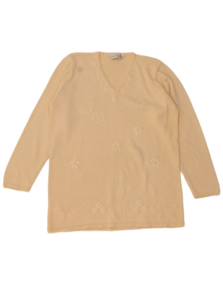 Suéter feminino Marks & Spencer com decote em V Reino Unido 12 médio bege floral