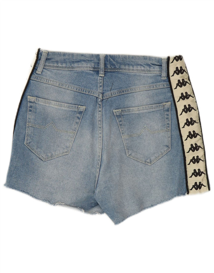 Shorts jeans feminino gráfico Kappa pequeno W27 azul colorblock algodão