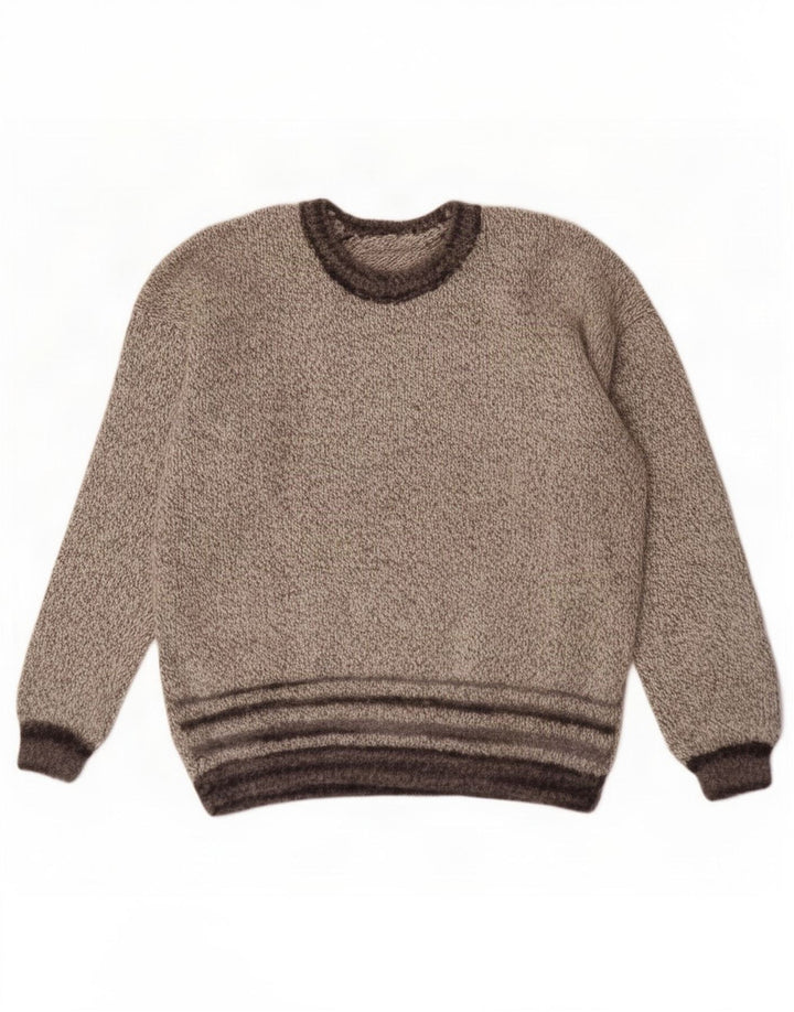 Suéter masculino vintage com gola canoa listrado cinza médio