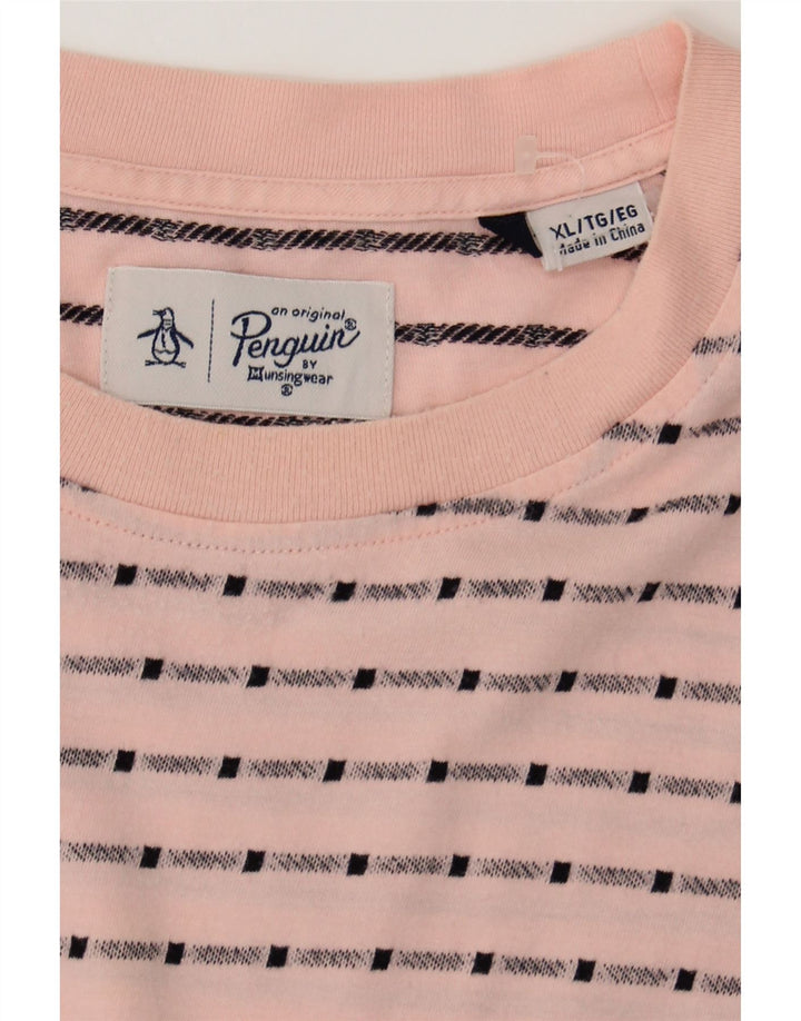 PENGUIN Mens T-Shirt Top XL Pink Striped Cotton Vintage Penguin and Second-Hand Penguin from Messina Hembry 