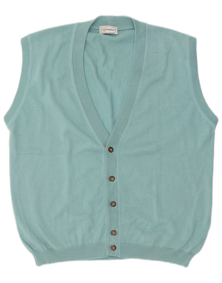 Suéter cardigã masculino vintage sem mangas XL lã azul