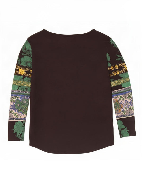 Top feminino Desigual manga comprida UK 6 XS preto floral viscose
