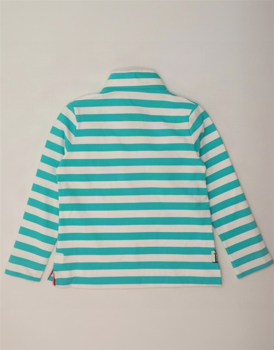 Suéter feminino Joules com gola redonda e botão UK 16 grande listrado turquesa