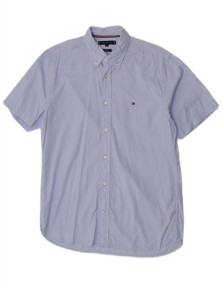 Tommy Hilfiger Camisa masculina de manga curta regular fit médio algodão azul