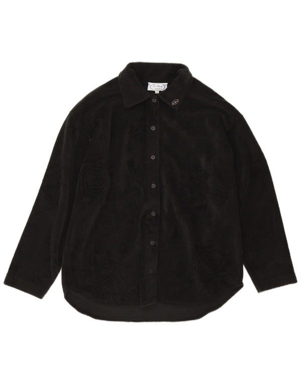 Blusa de camisa de lã feminina vintage IT 46 grande poliéster floral preto