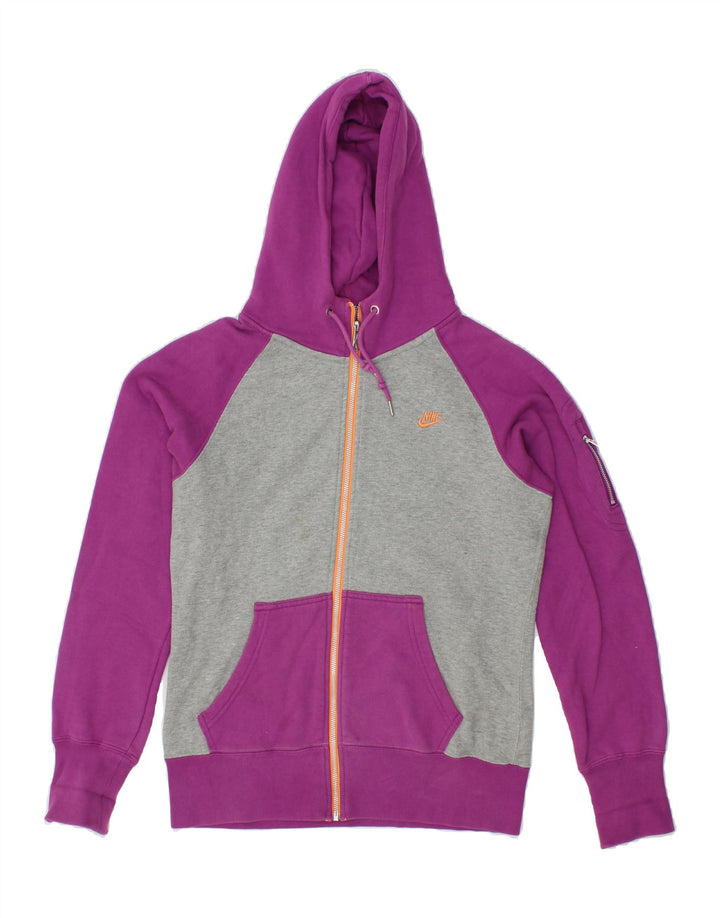 NIKE Womens Zip Hoodie Sweater UK 14 Medium Purple Colourblock Cotton Vintage Nike and Second-Hand Nike from Messina Hembry 