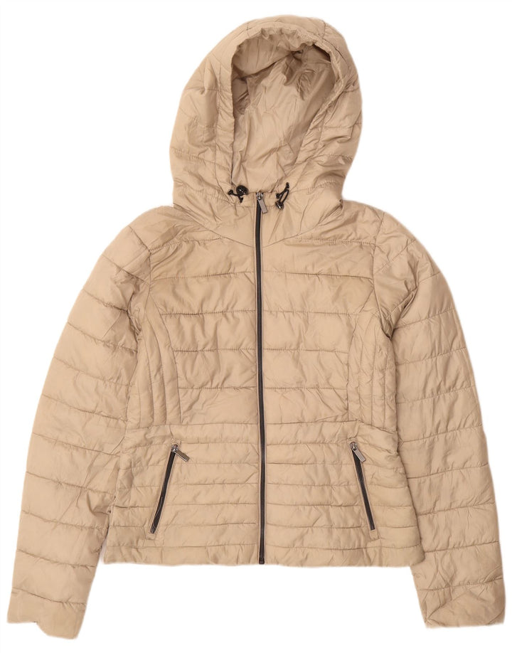 Jaqueta acolchoada com capuz feminina Zara UK 14 poliéster bege médio