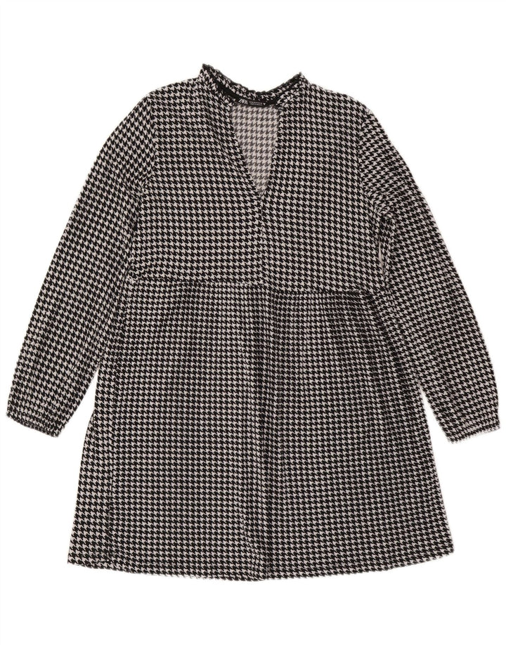 Vestido feminino Zara manga comprida evasê UK 14 médio preto houndstooth