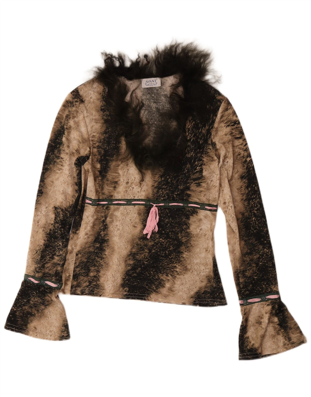 Top feminino Avant de manga comprida UK 6 XS marrom com estampa animal poliéster