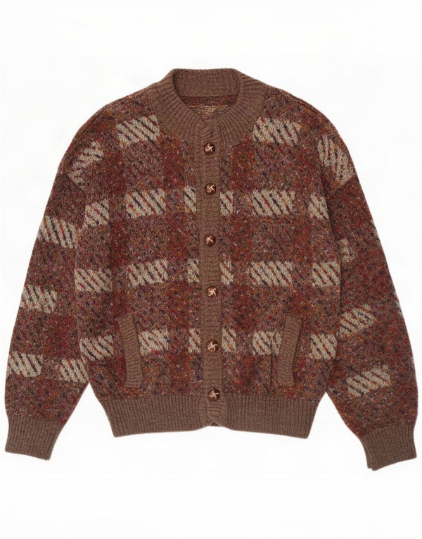 Suéter cardigã masculino vintage grande acrílico xadrez marrom