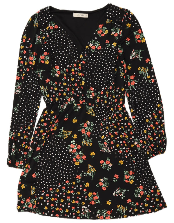 Vestido feminino Oasis manga comprida evasê UK 6 XS preto floral poliéster