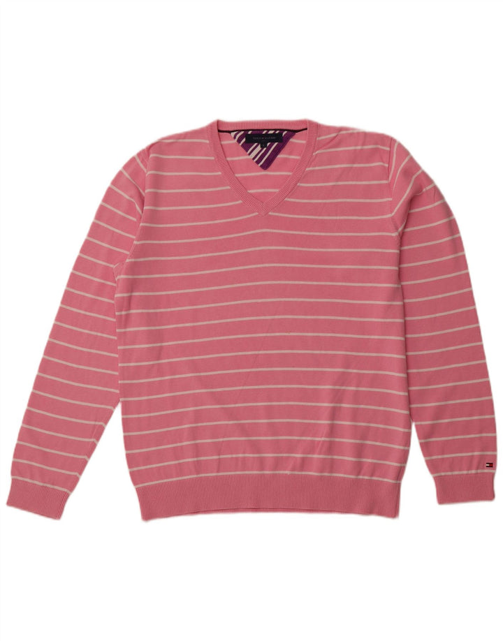 Suéter masculino TOMMY HILFIGER com decote em V, grande algodão listrado rosa