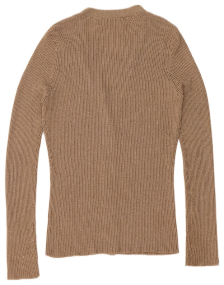 Suéter cardigã feminino Zara Reino Unido 14 viscose manchada bege médio