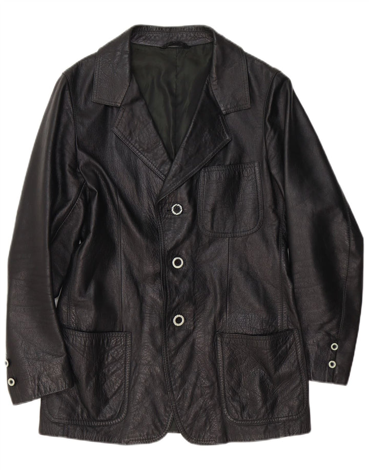 Jaqueta blazer de couro masculina vintage com 3 botões Reino Unido 36 couro preto pequeno