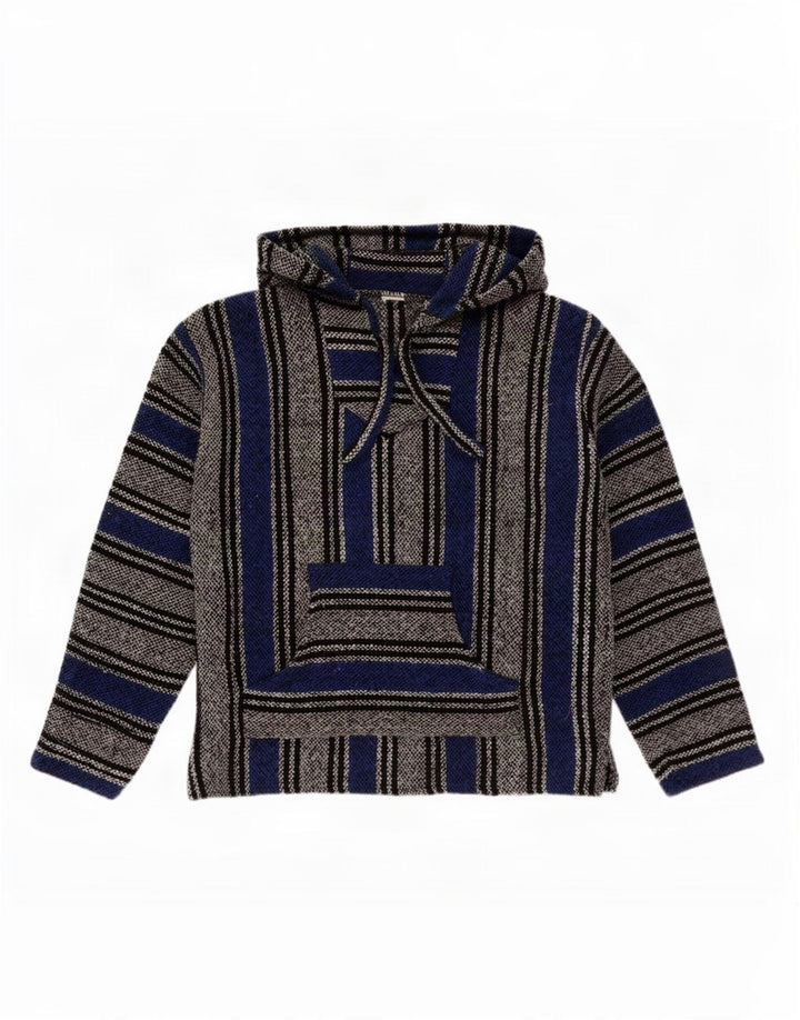 Suéter masculino vintage com capuz pequeno listrado azul