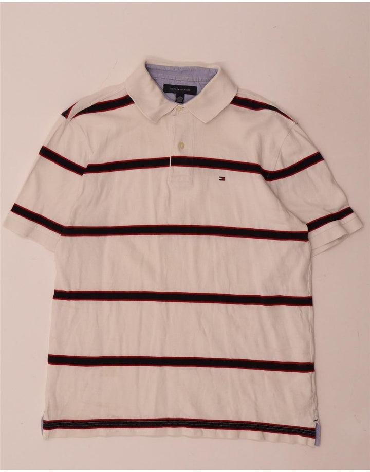 Camisa polo masculina Tommy Hilfiger média listrada branca de algodão
