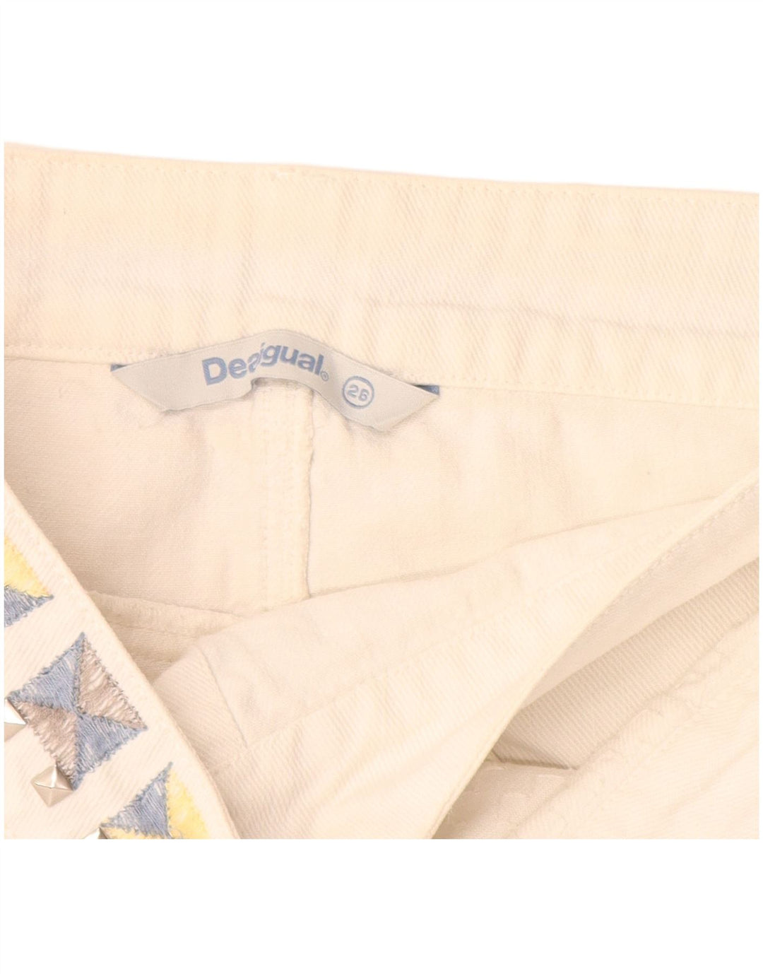 Mini saia jeans feminina Desigual W26 pequena algodão branco