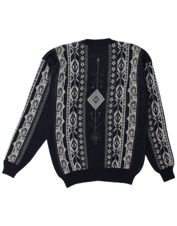 Suéter vintage masculino com gola redonda grande azul marinho Fair Isle