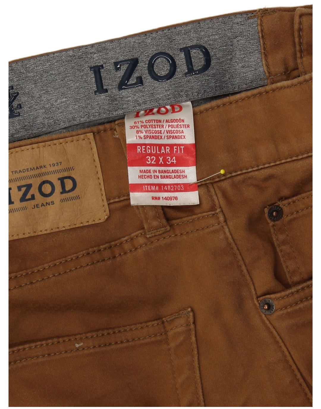 Calça masculina IZOD regular fit reta casual W32 L34 algodão bege