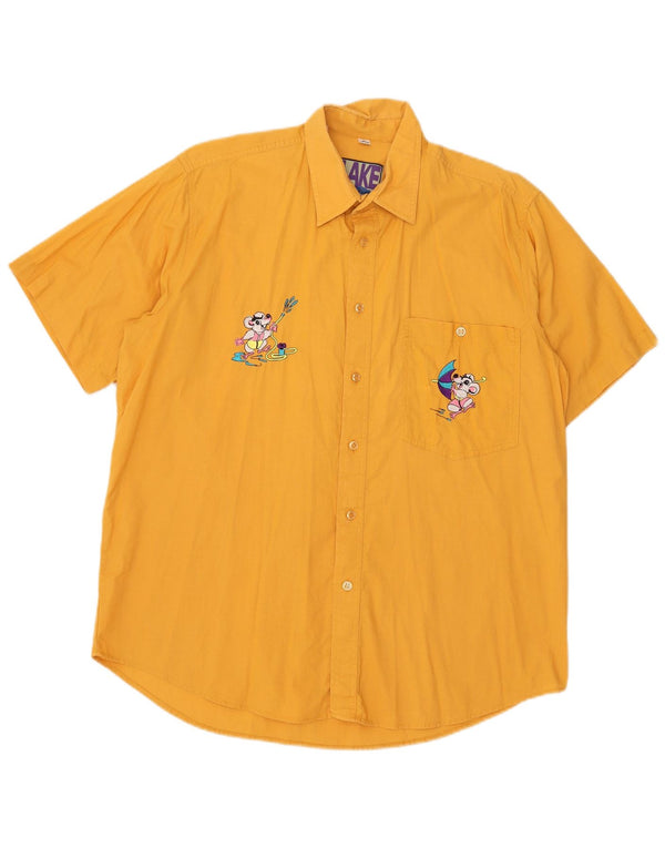 Camisa masculina vintage de manga curta gráfica Reino Unido 39/40 algodão amarelo médio