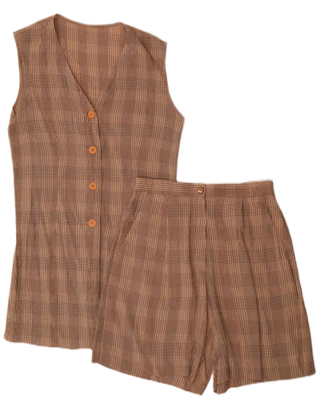 Conjunto feminino VINTAGE de 4 botões e 2 peças Reino Unido 10 pequeno W28 marrom xadrez acetato