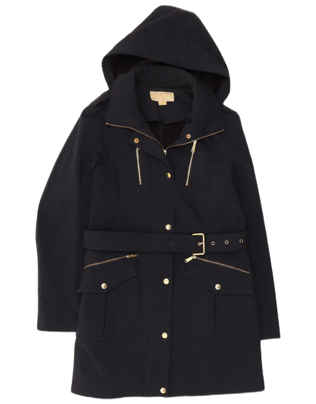 Casaco impermeável feminino com capuz Michael Kors Reino Unido 14 poliéster azul marinho médio