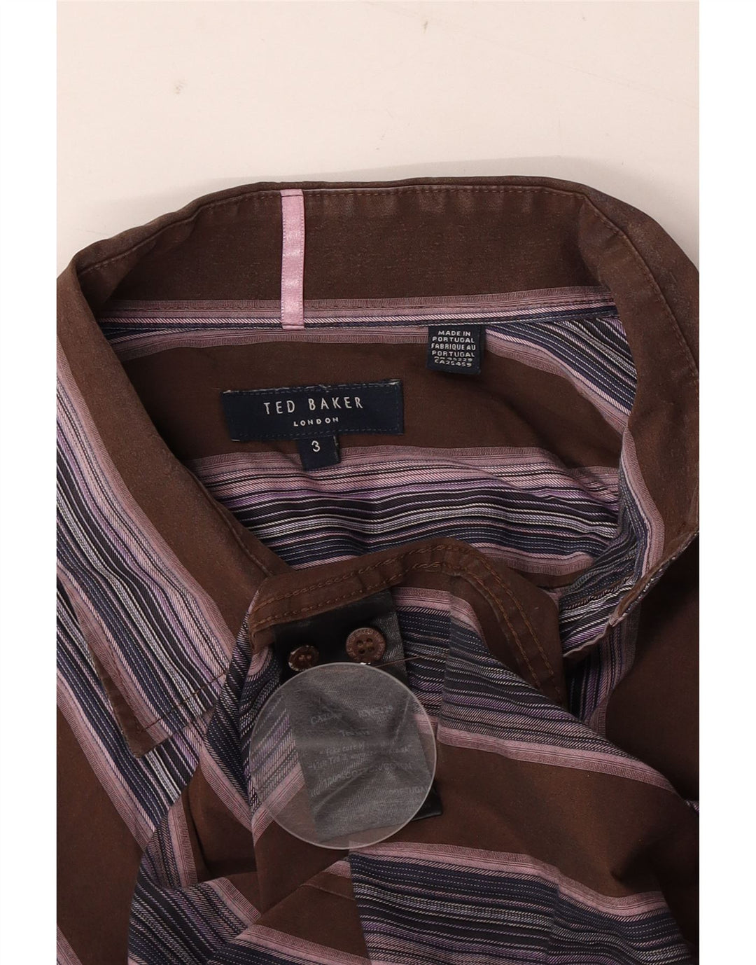 Camisa masculina Ted Baker tamanho 3 algodão listrado marrom médio