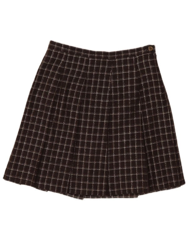 Saia plissada feminina vintage Reino Unido 10 pequena W26 lã xadrez marrom