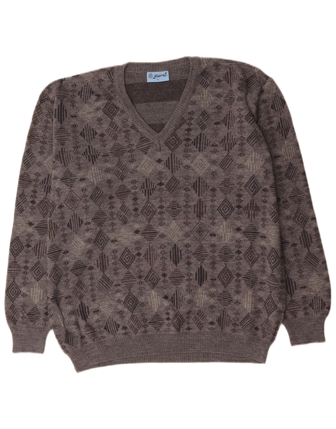 Suéter masculino VINTAGE com decote em V XL cinza geométrico