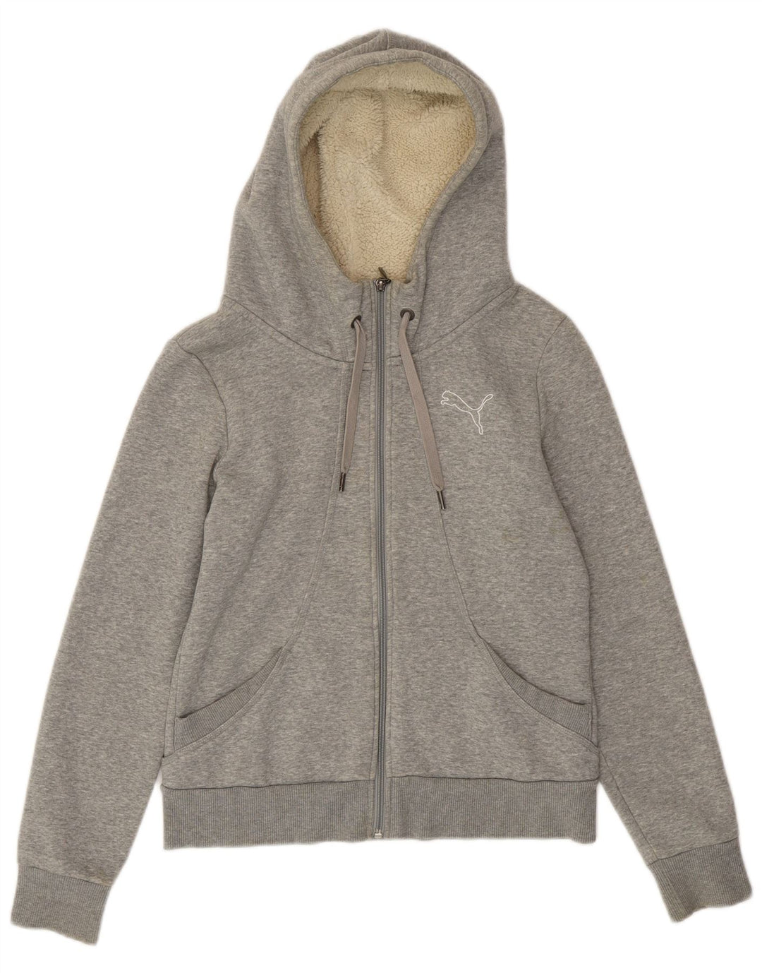 Suéter PUMA feminino com capuz e zíper UK 12 cinza médio manchado