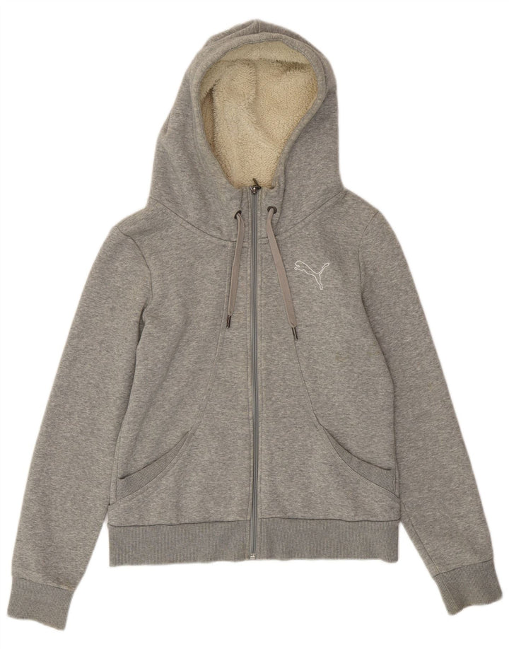 Suéter PUMA feminino com capuz e zíper UK 12 cinza médio manchado