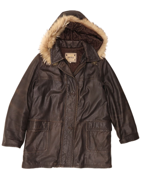 Casaco de couro com capuz feminino vintage IT 48 XL marrom