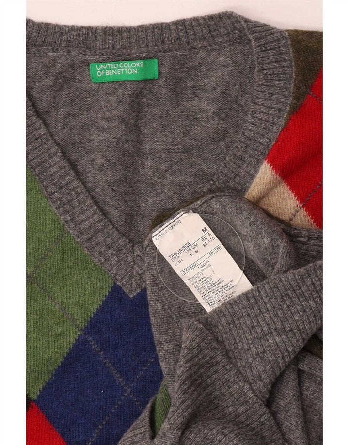 Suéter masculino Benetton com decote em V cinza médio Argyle/lã diamante