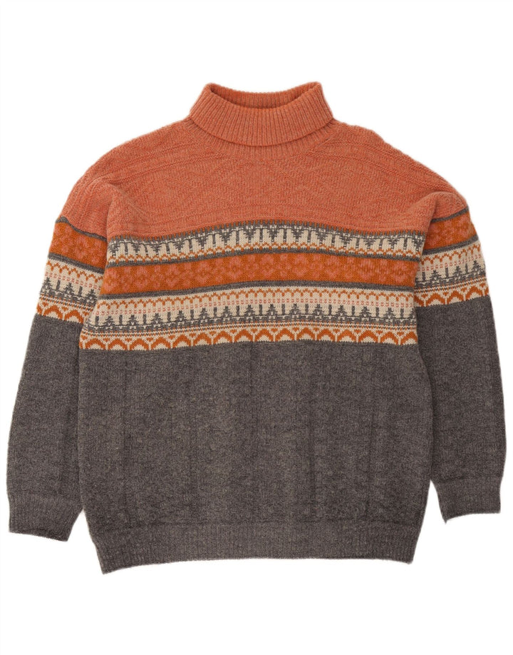 Suéter masculino vintage com gola redonda grande laranja Fair Isle