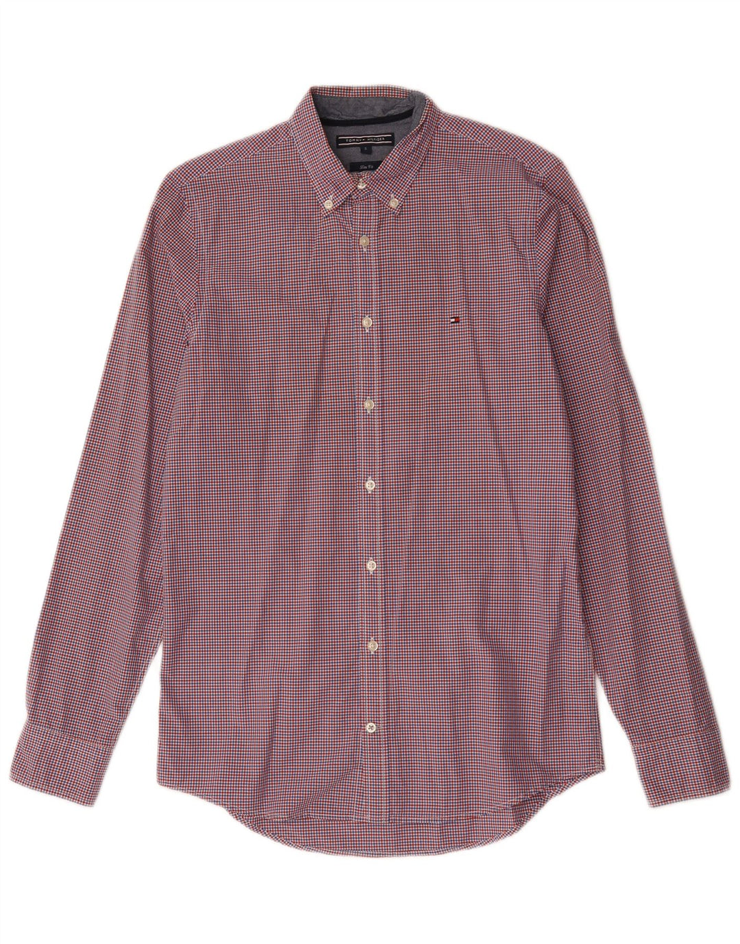 Tommy Hilfiger Camisa masculina slim fit pequena de algodão vermelho guingão