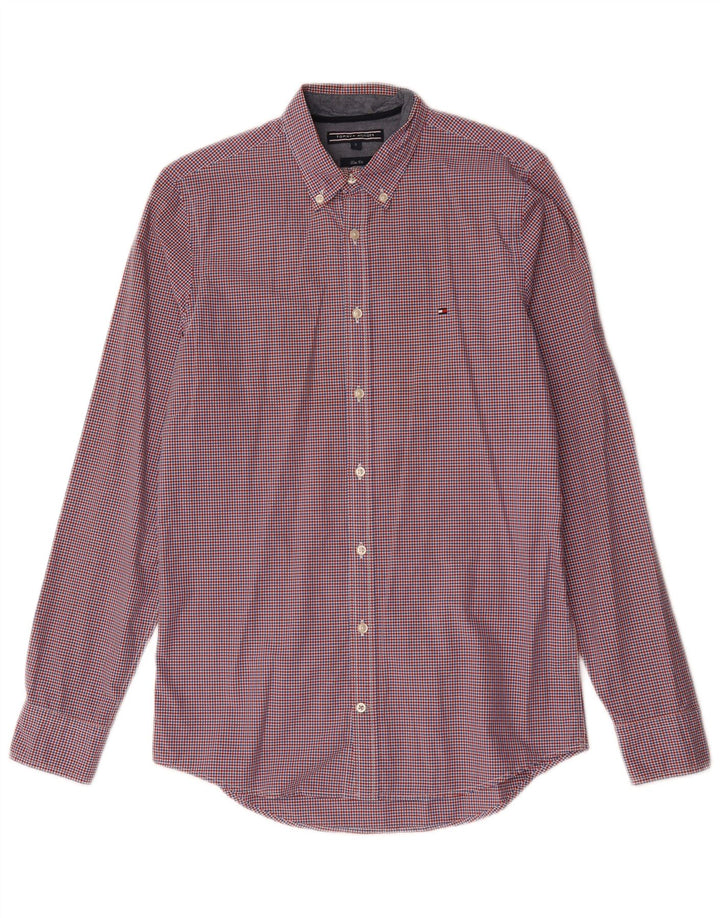 Tommy Hilfiger Camisa masculina slim fit pequena de algodão vermelho guingão