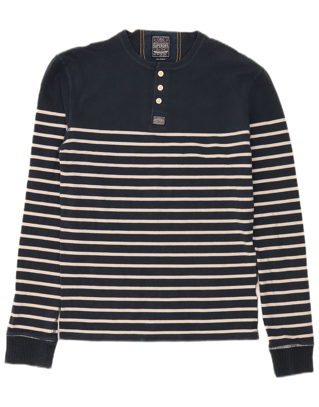 Superdry Mens Regular Top Manga Longa Médio Azul Marinho Listrado Algodão