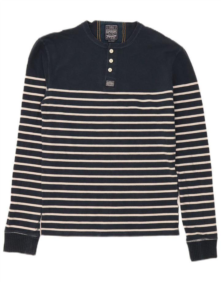 Superdry Mens Regular Top Manga Longa Médio Azul Marinho Listrado Algodão