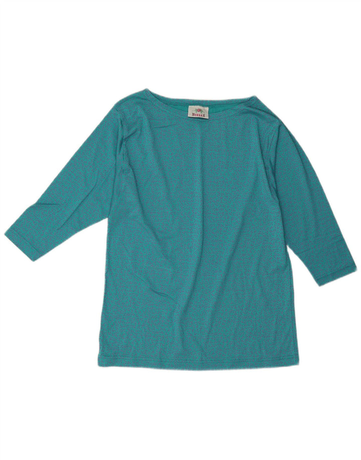 Top feminino vintage manga 3/4 Reino Unido 14 azul médio floral