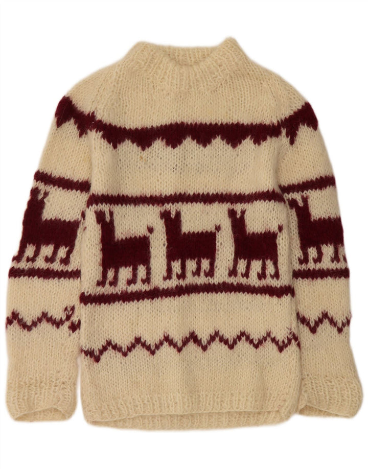 Suéter feminino vintage com gola redonda UK 14 Médio Off White Aztec